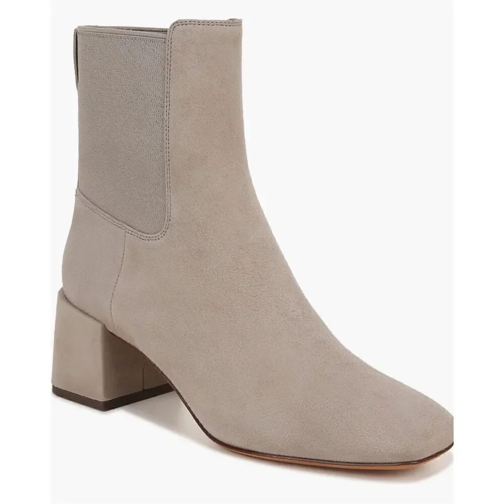 Vince Kimmy Block Heel Suede Leather Ankle Boots in Hazelstone Gray NWOB Size 9